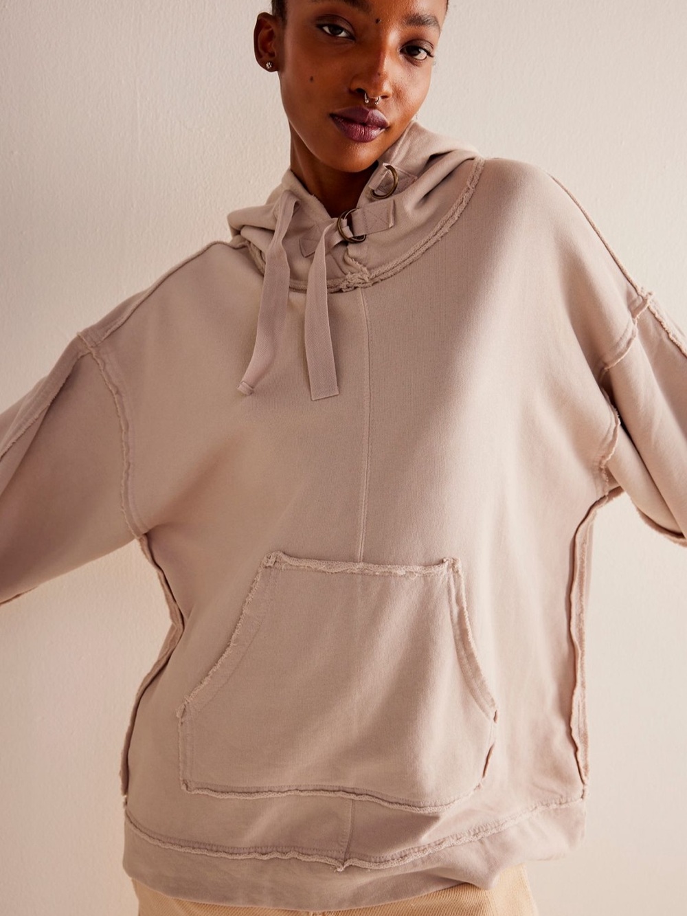 Free People Oversized Raw-Edge Hoodie in Taupe